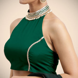  Laila x Tyohaar | Bottle Green Halterneck FlexiFit™ Saree Blouse with Heavy Gota and Pearl Embellishments_5