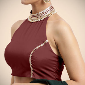  Laila x Tyohaar | Burgundy Halterneck FlexiFit™ Saree Blouse with Heavy Gota and Pearl Embellishments_3