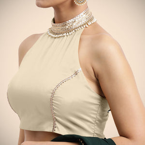  Laila x Tyohaar | Cream Halterneck FlexiFit™ Saree Blouse with Heavy Gota and Pearl Embellishments_4