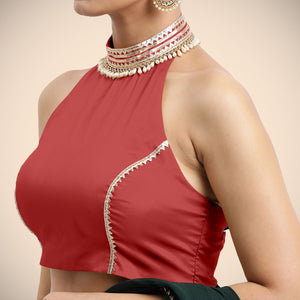  Laila x Tyohaar | Crimson Red Halterneck FlexiFit™ Saree Blouse with Heavy Gota and Pearl Embellishments_4