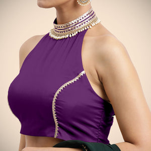  Laila x Tyohaar | Purple Halterneck FlexiFit™ Saree Blouse with Heavy Gota and Pearl Embellishments_3