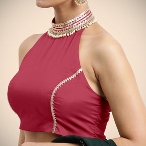 Laila x Tyohaar | Rani Pink Halterneck FlexiFit™ Saree Blouse with Heavy Gota and Pearl Embellishments - Binks  