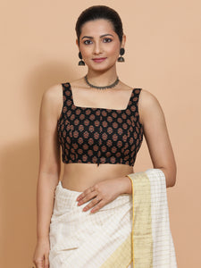 Lipi x Rozaana | Sleeveless Cotton Saree Blouse in Black Peacock Block Print Fabric