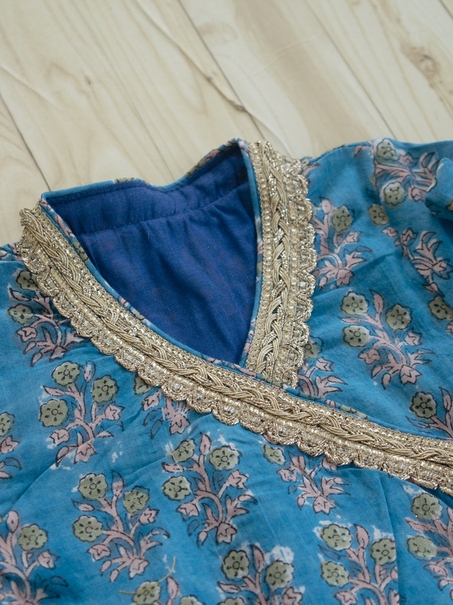 Lola x Tyohaar | Angrakha-Sharara Set in Blue Garden Block Print Cotton