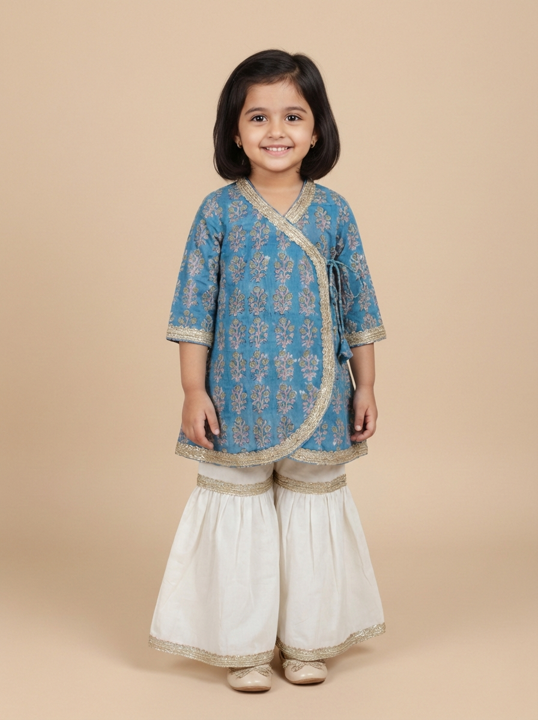 Lola x Tyohaar | Angrakha-Sharara Set in Blue Garden Block Print Cotton