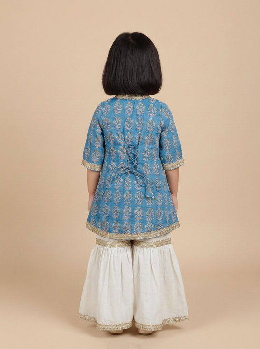 Lola x Tyohaar | Angrakha-Sharara Set in Blue Garden Block Print Cotton