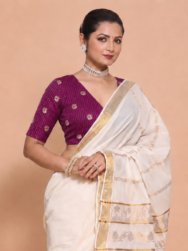 Madhura | Elbow Sleeve Plum Striped Peacock Brocade FlexiFit™ Saree Blouse