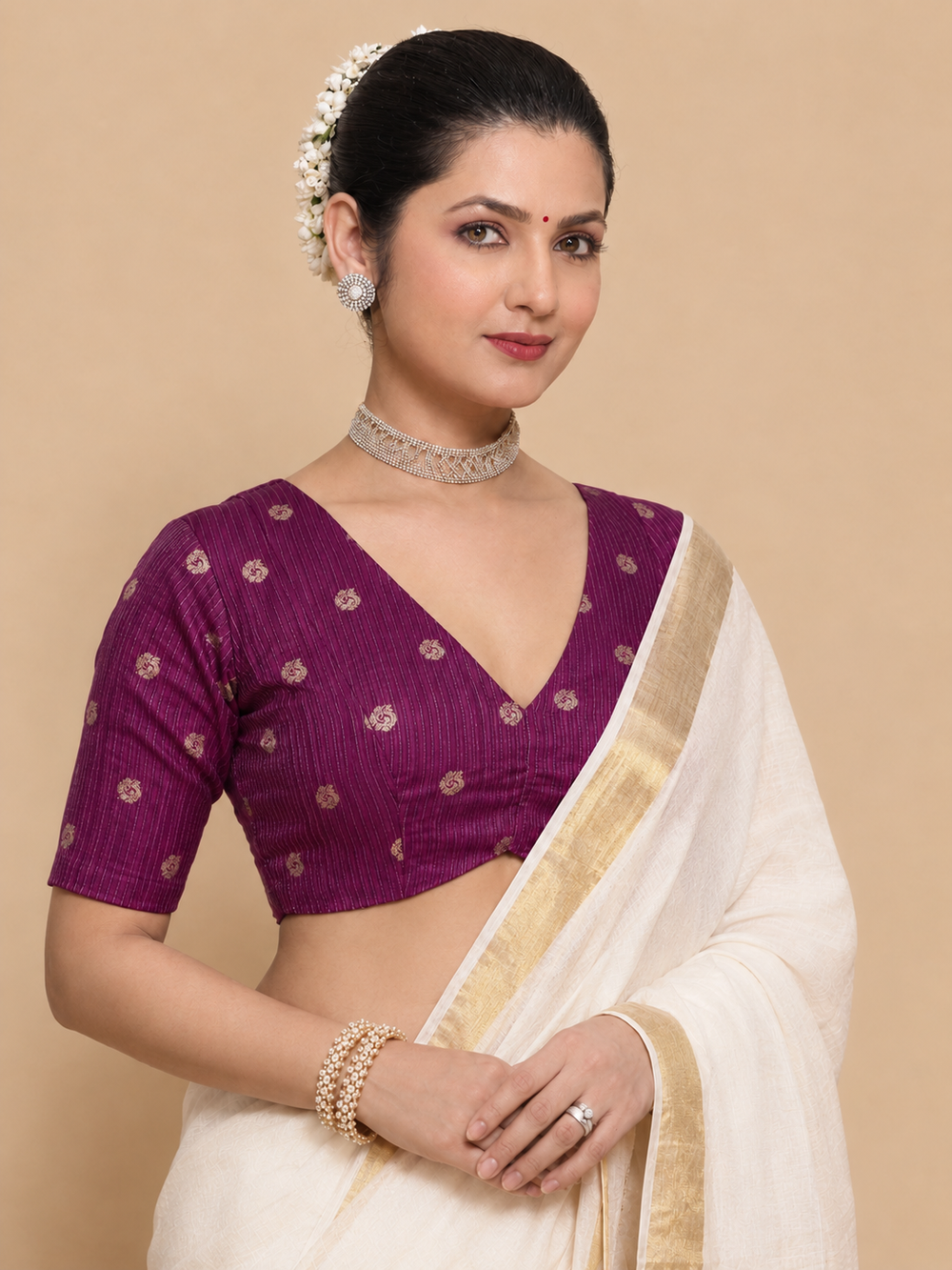Madhura | Elbow Sleeve Plum Striped Peacock Brocade FlexiFit™ Saree Blouse