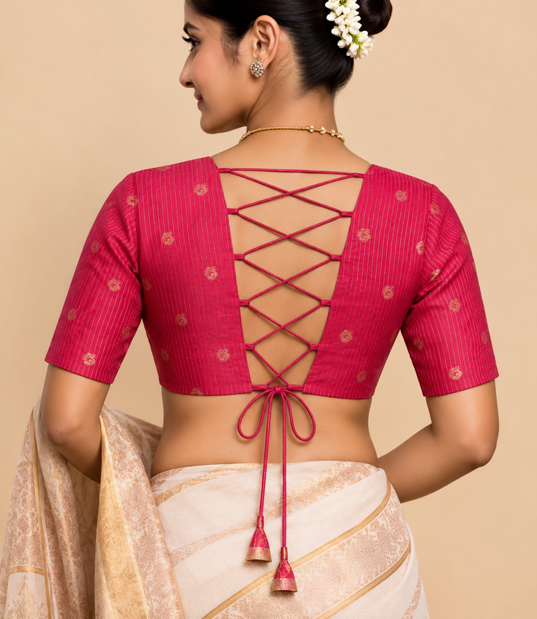 Madhura | Elbow Sleeve Rani Pink Striped Peacock Brocade FlexiFit™ Saree Blouse