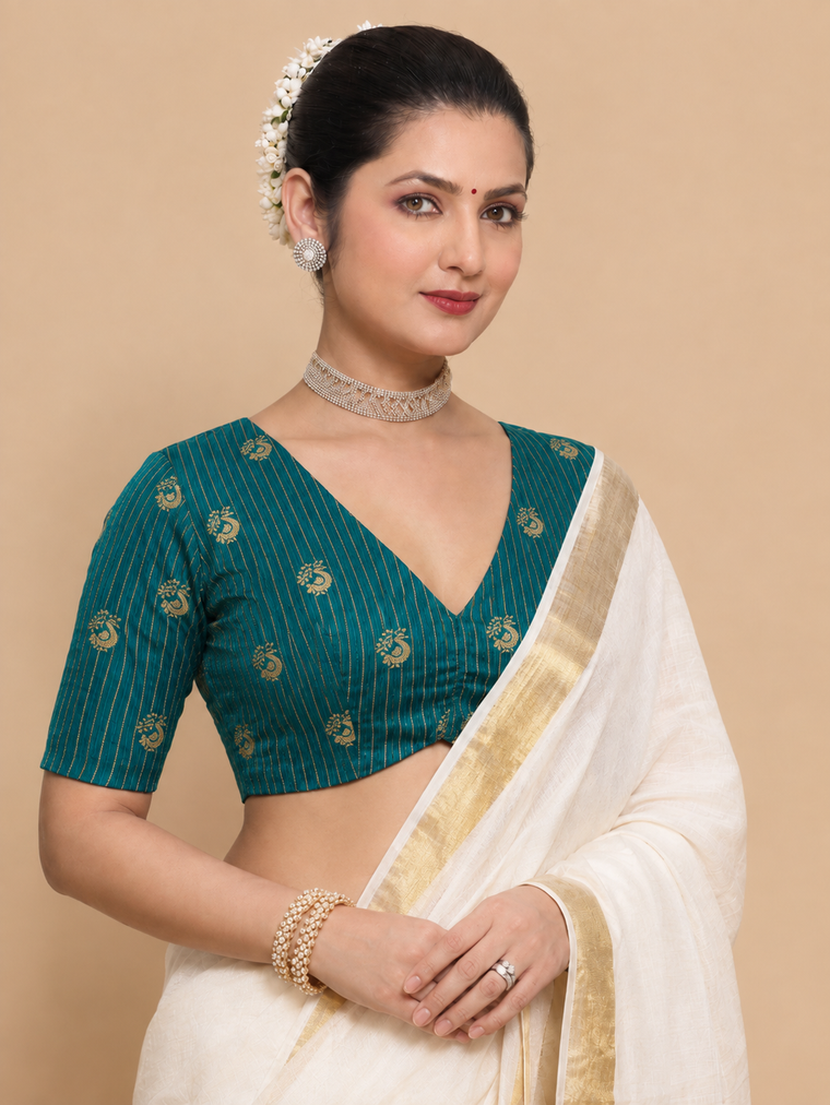 Madhura | Elbow Sleeve Mayur Green Striped Peacock Brocade FlexiFit™ Saree Blouse