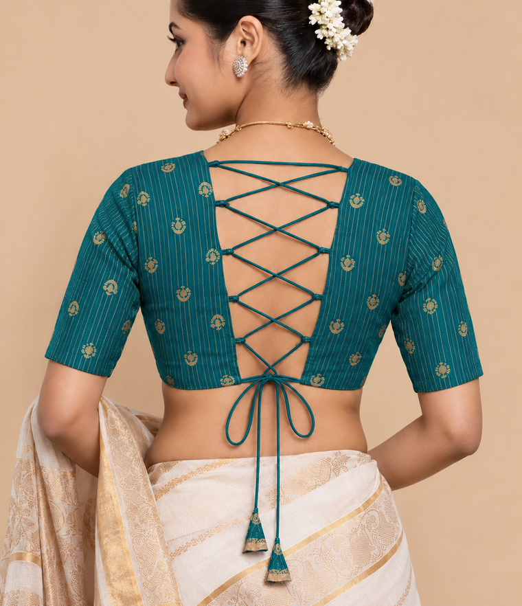 Madhura | Elbow Sleeve Mayur Green Striped Peacock Brocade FlexiFit™ Saree Blouse