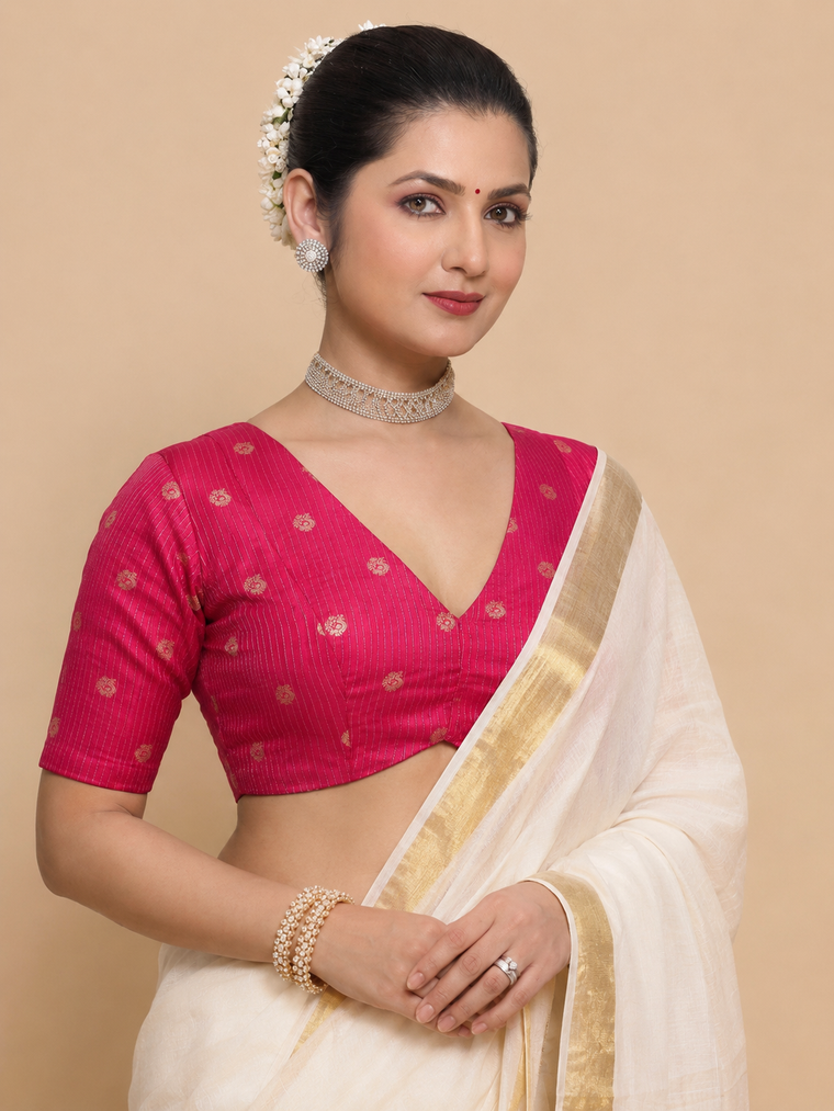 Madhura | Elbow Sleeve Rani Pink Striped Peacock Brocade FlexiFit™ Saree Blouse