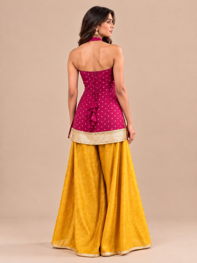 Dhyanvi | Sleeveless Hot Pink Viscose CinchFit™ Kurta Sharara Set