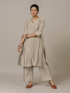 Mahi x Rozaana | A Line Kurta in Oyster Grey with Thread Work | Coords or Only Kurta