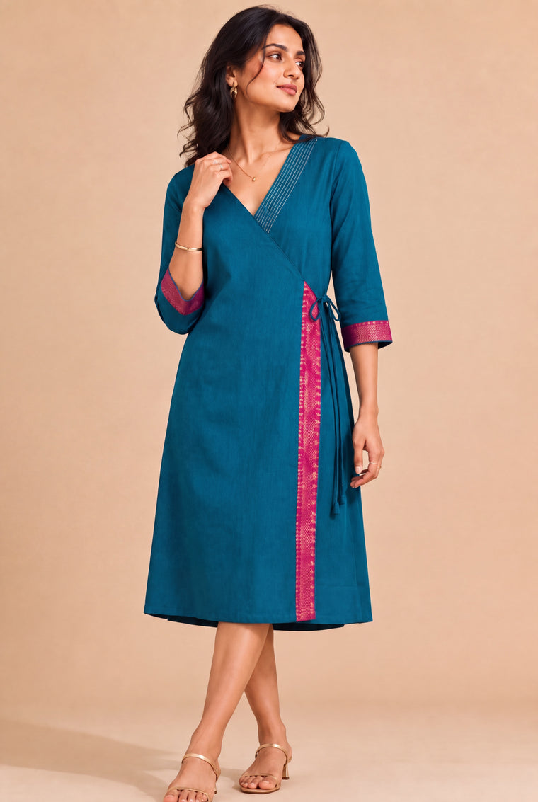 Mandira | Wrap Cerulean Blue Mangalgiri Cotton BreezeFit™ Dress