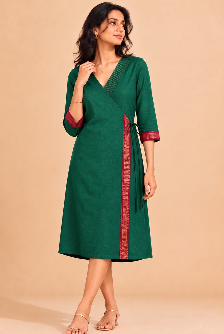 Mandira | Wrap Bottle Green Mangalgiri Cotton BreezeFit™ Dress