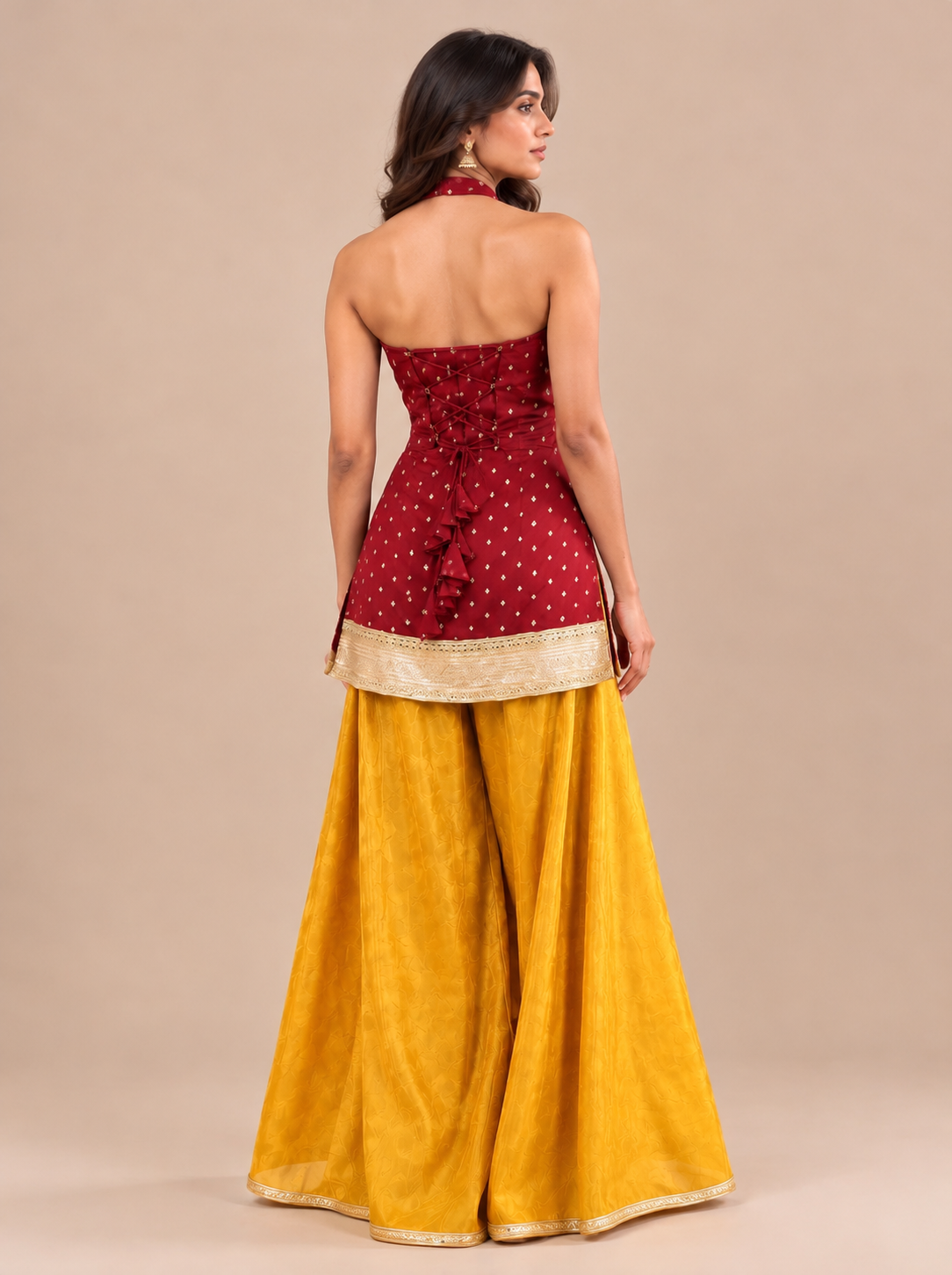 Dhyanvi | Sleeveless Apple Red Viscose CinchFit™ Kurta Sharara Set