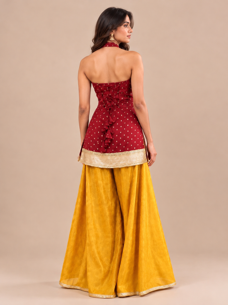 Dhyanvi | Sleeveless Apple Red Viscose CinchFit™ Kurta Sharara Set