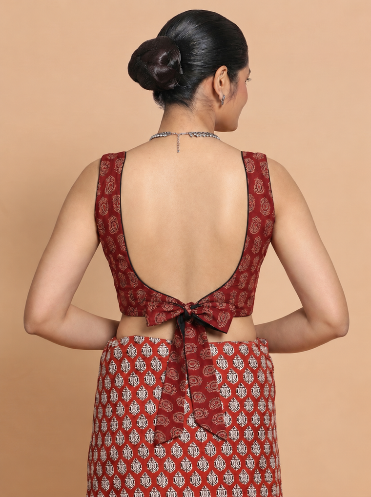 Ardha | Duet Reversible Blockprinted Red Mango & Black Solid Cotton CinchFit™ Saree Blouse