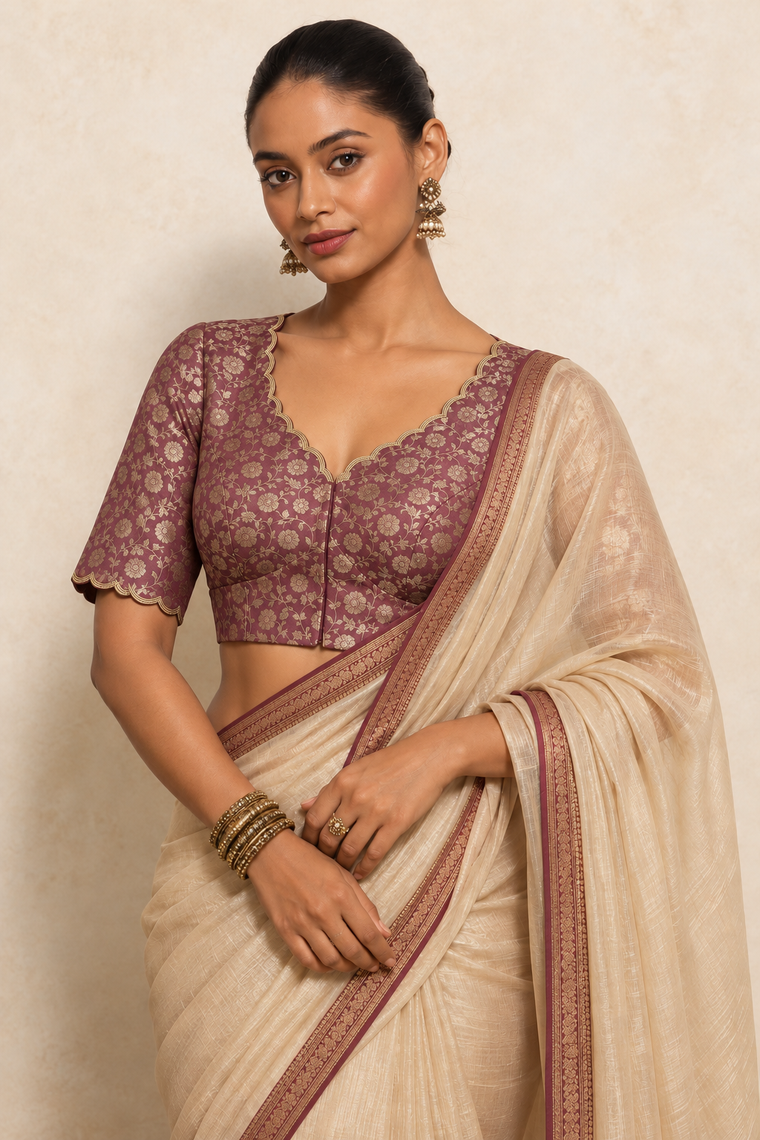 Badra | Elbow Sleeve Peach Brocade FlexiFit™ Saree Blouse