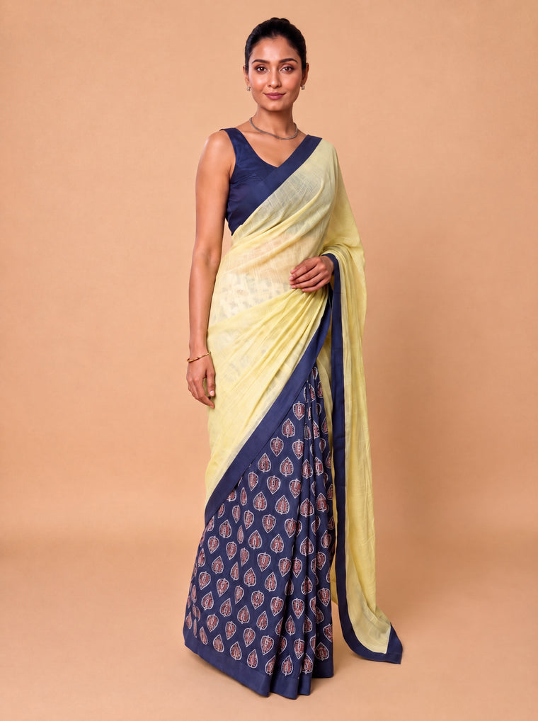 Mayuri | Patchwork Blue Leaf Cotton DrapeFit™ Saree