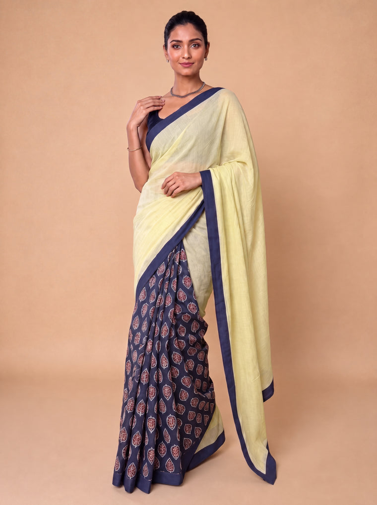 Mayuri | Patchwork Blue Leaf Cotton DrapeFit™ Saree