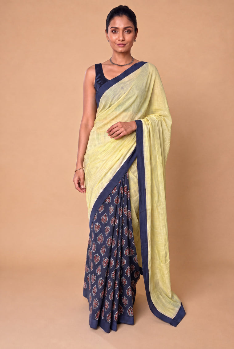 Mayuri | Patchwork Blue Leaf Cotton DrapeFit™ Saree