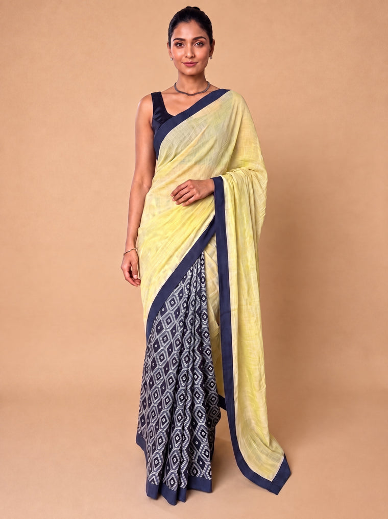 Mayuri | Patchwork Blue Honeycomb Cotton DrapeFit™ Saree
