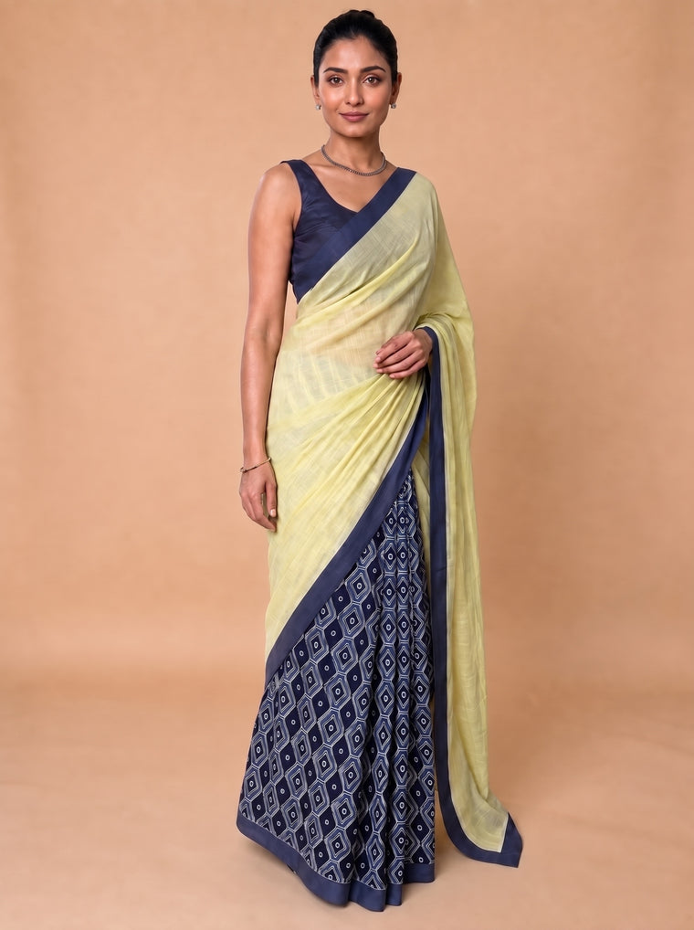 Mayuri | Patchwork Blue Honeycomb Cotton DrapeFit™ Saree