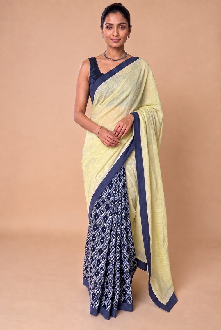 Mayuri | Patchwork Blue Honeycomb Cotton DrapeFit™ Saree