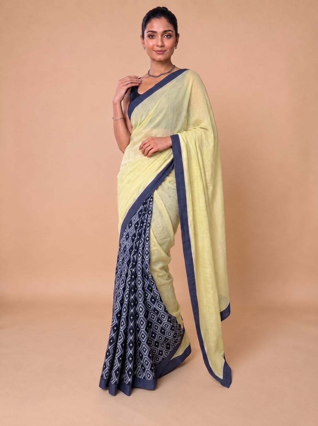 Mayuri | Patchwork Blue Honeycomb Cotton DrapeFit™ Saree
