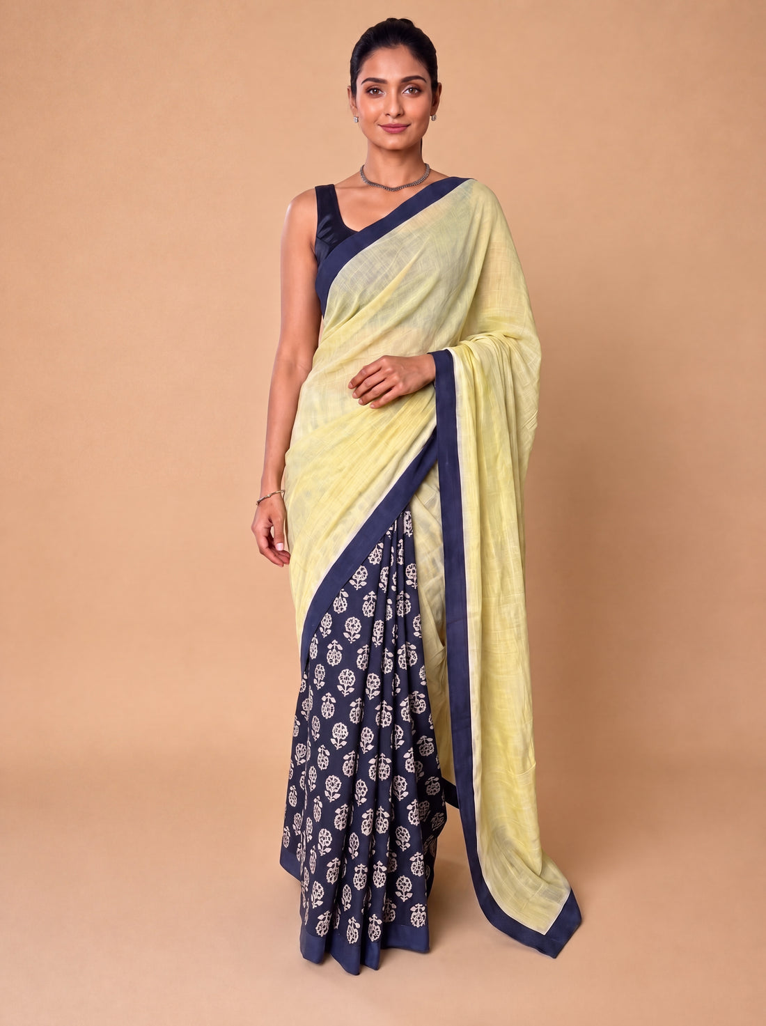 Mayuri | Patchwork Blue Flower Cotton DrapeFit™ Saree