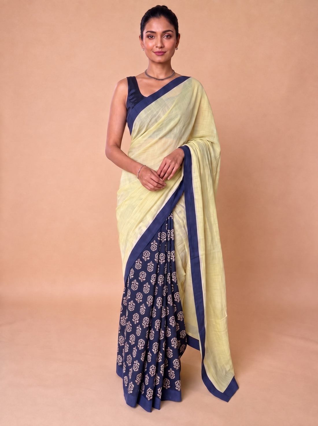 Mayuri | Patchwork Blue Flower Cotton DrapeFit™ Saree