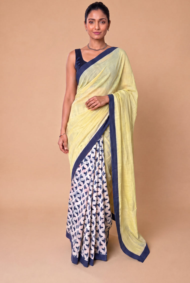 Mayuri | Patchwork Blue Floral Bud Cotton DrapeFit™ Saree
