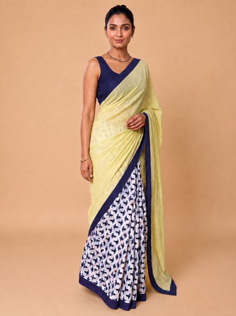 Mayuri | Patchwork Blue Floral Bud Cotton DrapeFit™ Saree