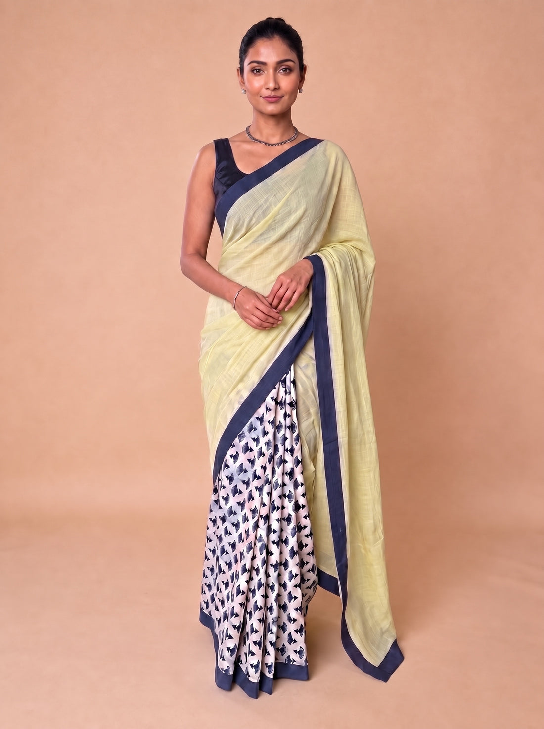 Mayuri | Patchwork Blue Floral Bud Cotton DrapeFit™ Saree
