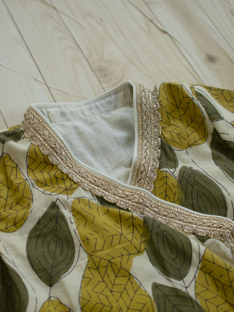 Mehri x Tyohaar | Angrakha-Sharara Set in Olive Foliage Block Print Cotton