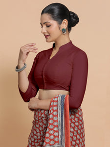 Minal x Rozaana | Mandarin Collar Royal Maroon Plain Cotton Saree Blouse