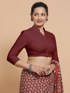 Minal x Rozaana | Mandarin Collar Royal Maroon Plain Cotton Saree Blouse