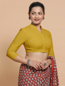 Minal x Rozaana | Mandarin Collar Sunny Yellow Plain Cotton Saree Blouse