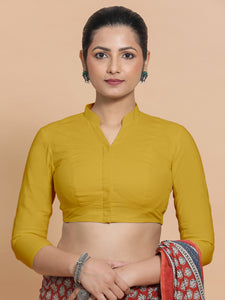 Minal x Rozaana | Mandarin Collar Sunny Yellow Plain Cotton Saree Blouse