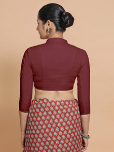 Minal x Rozaana | Mandarin Collar Royal Maroon Plain Cotton Saree Blouse