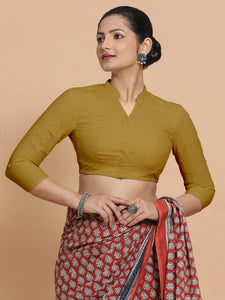 Minal x Rozaana | Mandarin Collar Khaki Plain Cotton Saree Blouse