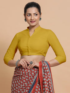 Minal x Rozaana | Mandarin Collar Sunny Yellow Plain Cotton Saree Blouse