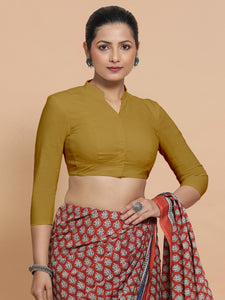 Minal x Rozaana | Mandarin Collar Khaki Plain Cotton Saree Blouse