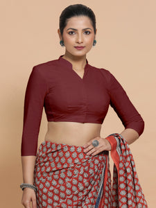 Minal x Rozaana | Mandarin Collar Royal Maroon Plain Cotton Saree Blouse