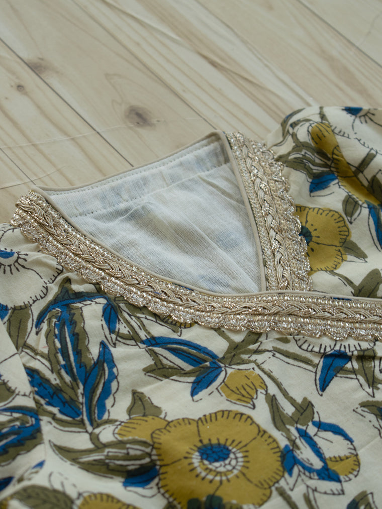 Mithi x Tyohaar | Angrakha-Sharara Set in Cream Meadow Block Print Cotton
