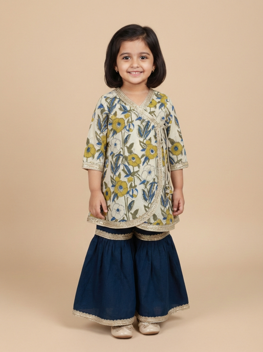 Mithi x Tyohaar | Angrakha-Sharara Set in Cream Meadow Block Print Cotton