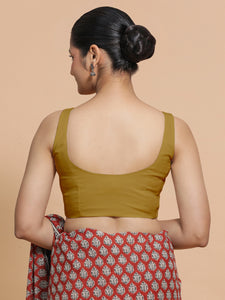 Mohini x Rozaana | Round Neck Khaki Plain Cotton Saree Blouse