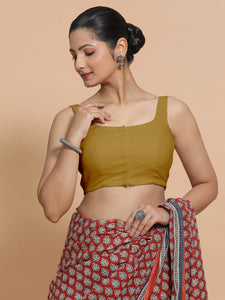 Mohini x Rozaana | Round Neck Khaki Plain Cotton Saree Blouse